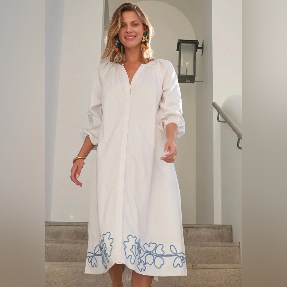 LAKE Brunch Dress Cotton Poplin Blue Embroidery size Small Runs Big $138